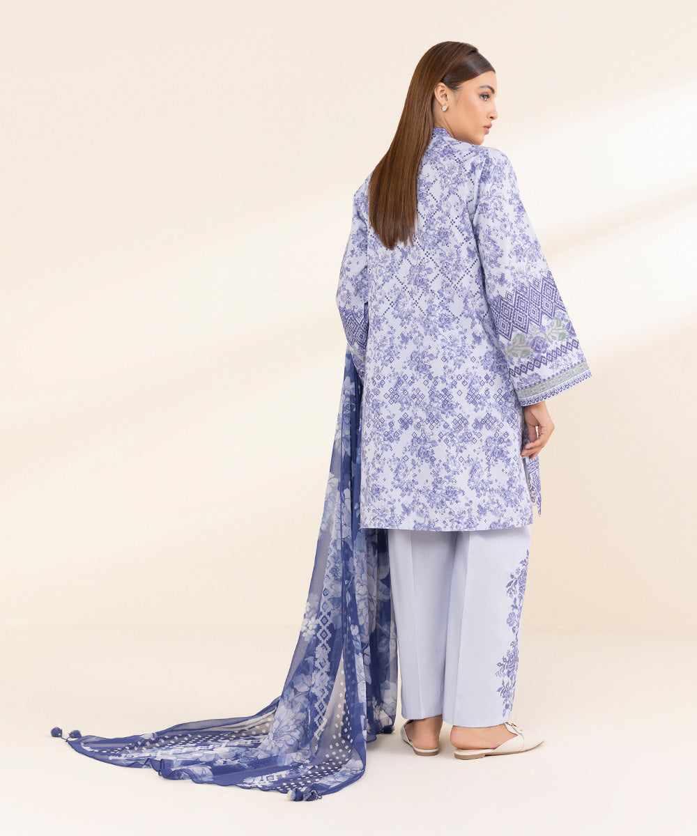 Women's Unstitched Blue Lawn 3 Piece Suit 