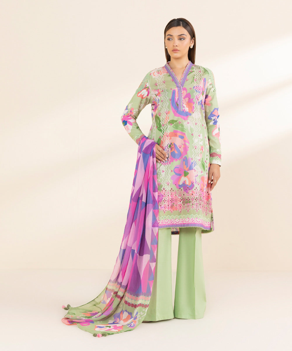 Women's Unstitched Green Lawn 3 Piece Suit 