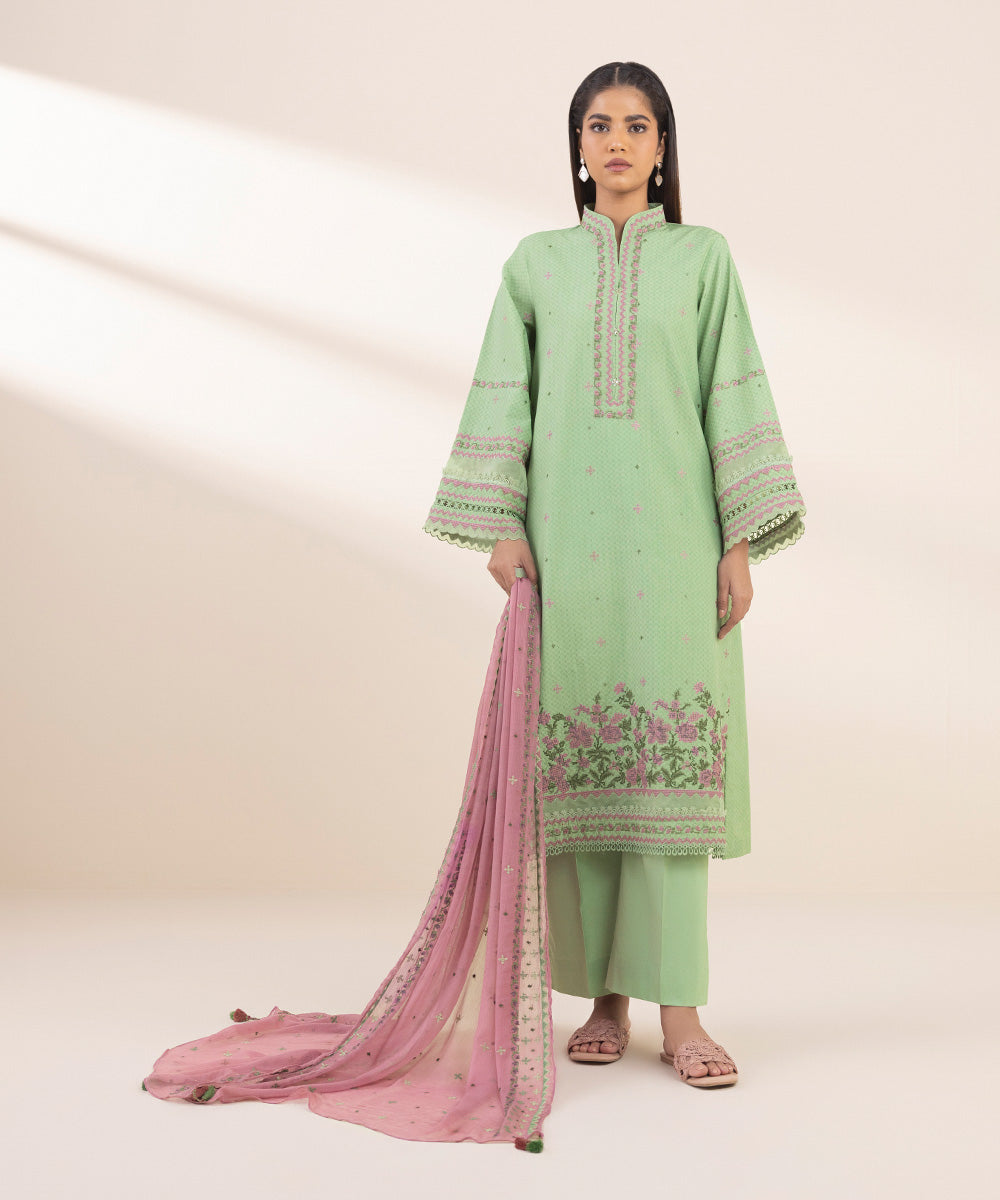 Women's Unstitched Green Dobby 3 Piece Suit 