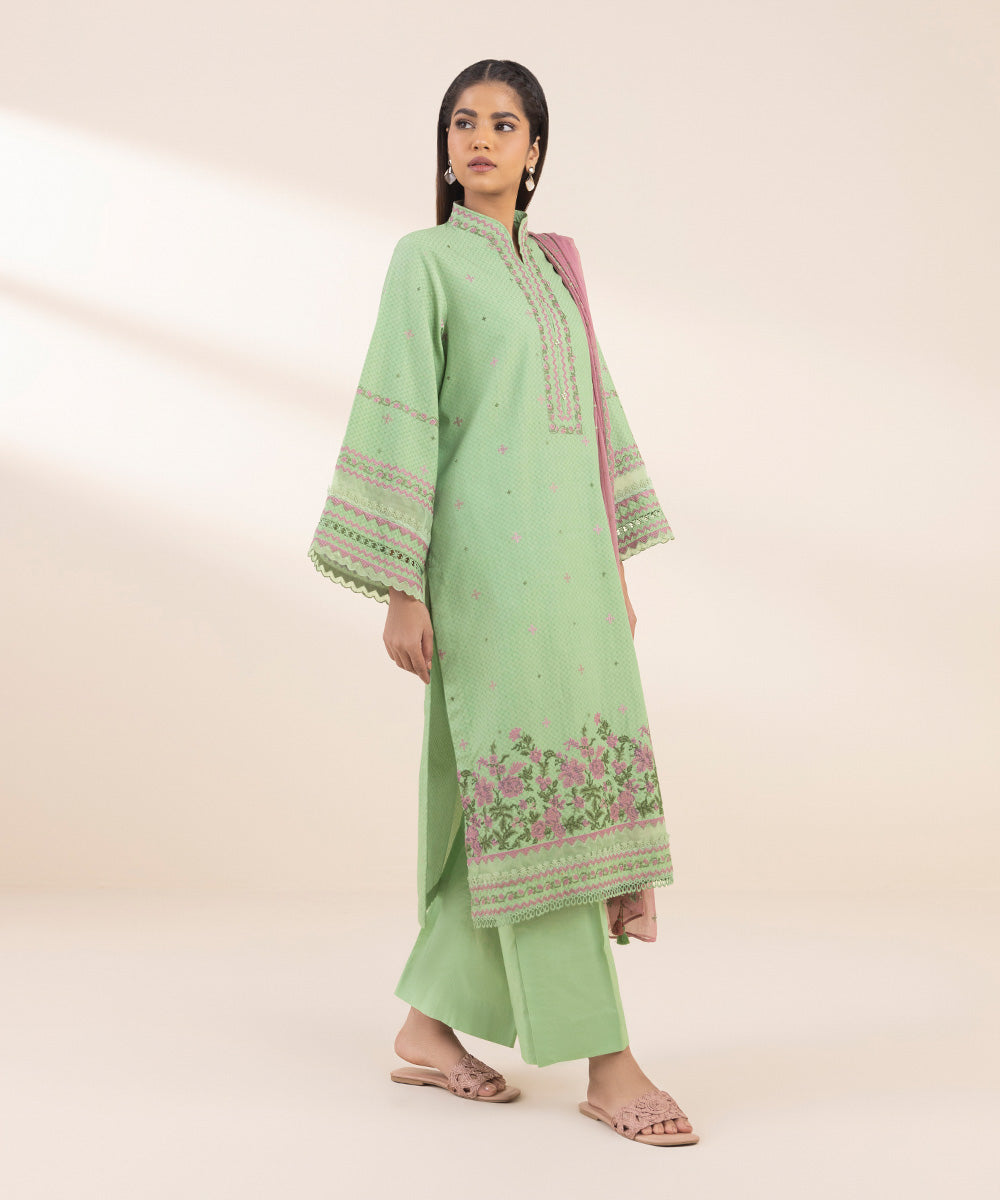 Women's Unstitched Green Dobby 3 Piece Suit 