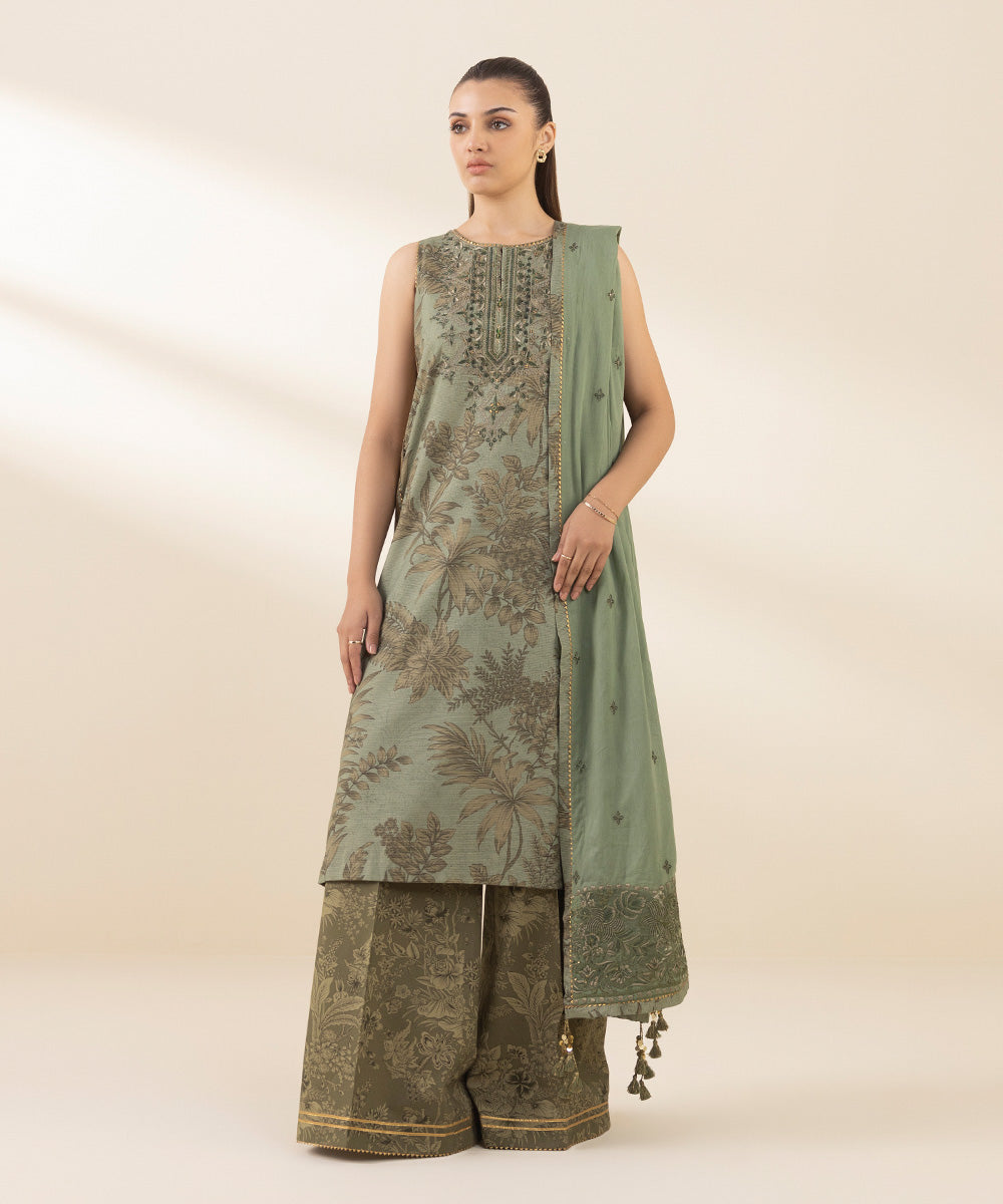 Unstitched Women's Embroidered Zari Lawn Green Three Piece Suit 