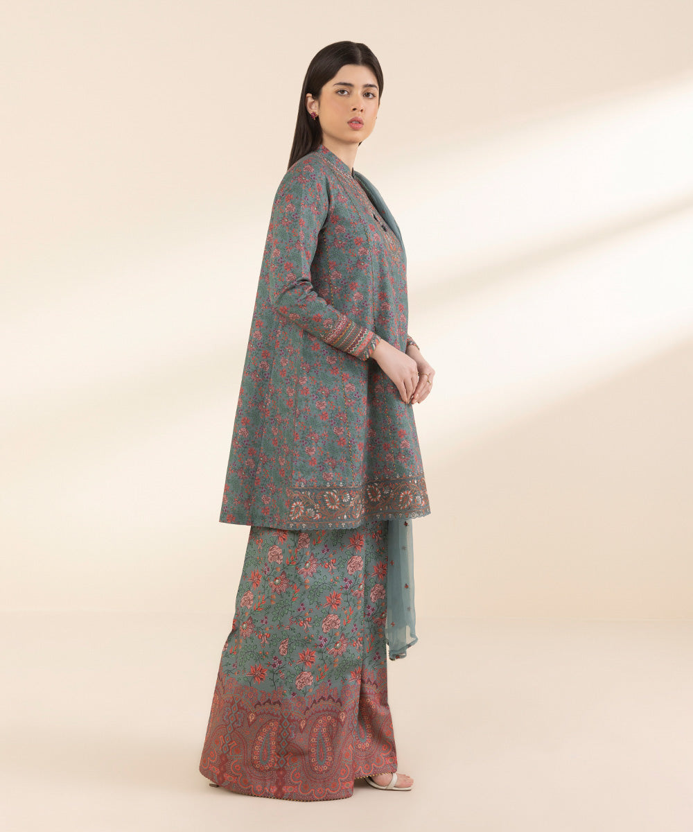 Unstitched Women's Embroidered Lawn Green Three Piece Suit 