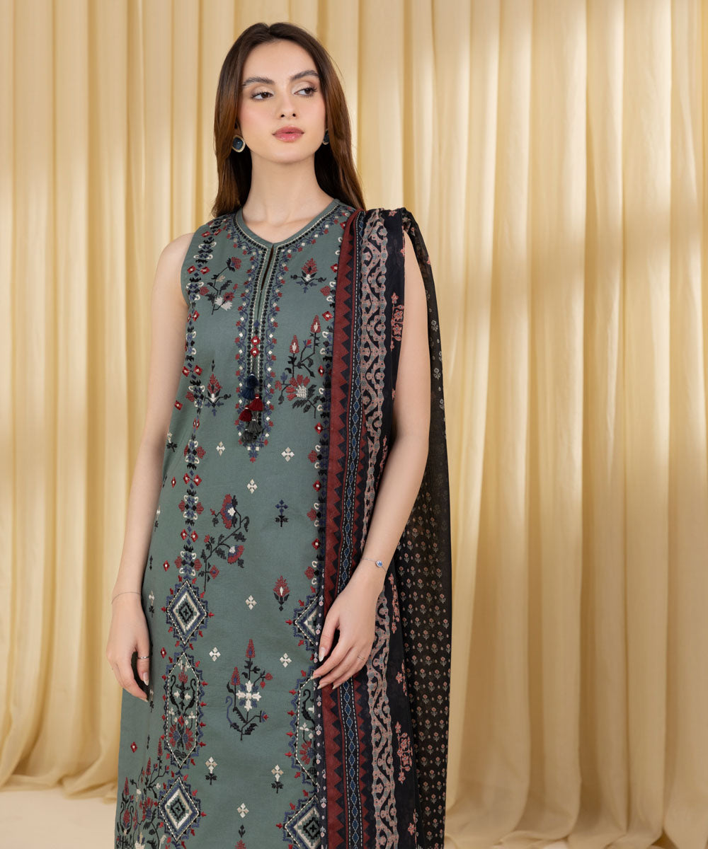 Women's Unstitched Textured Lawn Embroidered Grey 3 Piece Suit