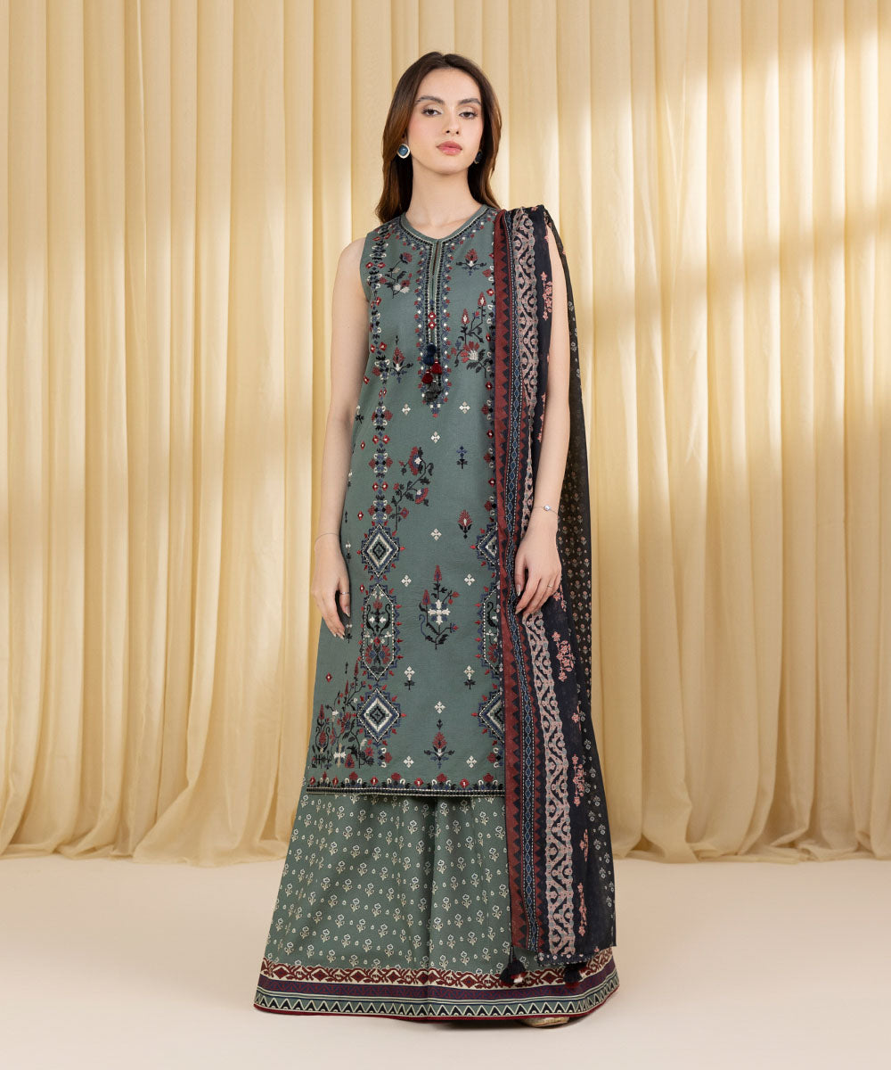 Women's Unstitched Textured Lawn Embroidered Grey 3 Piece Suit