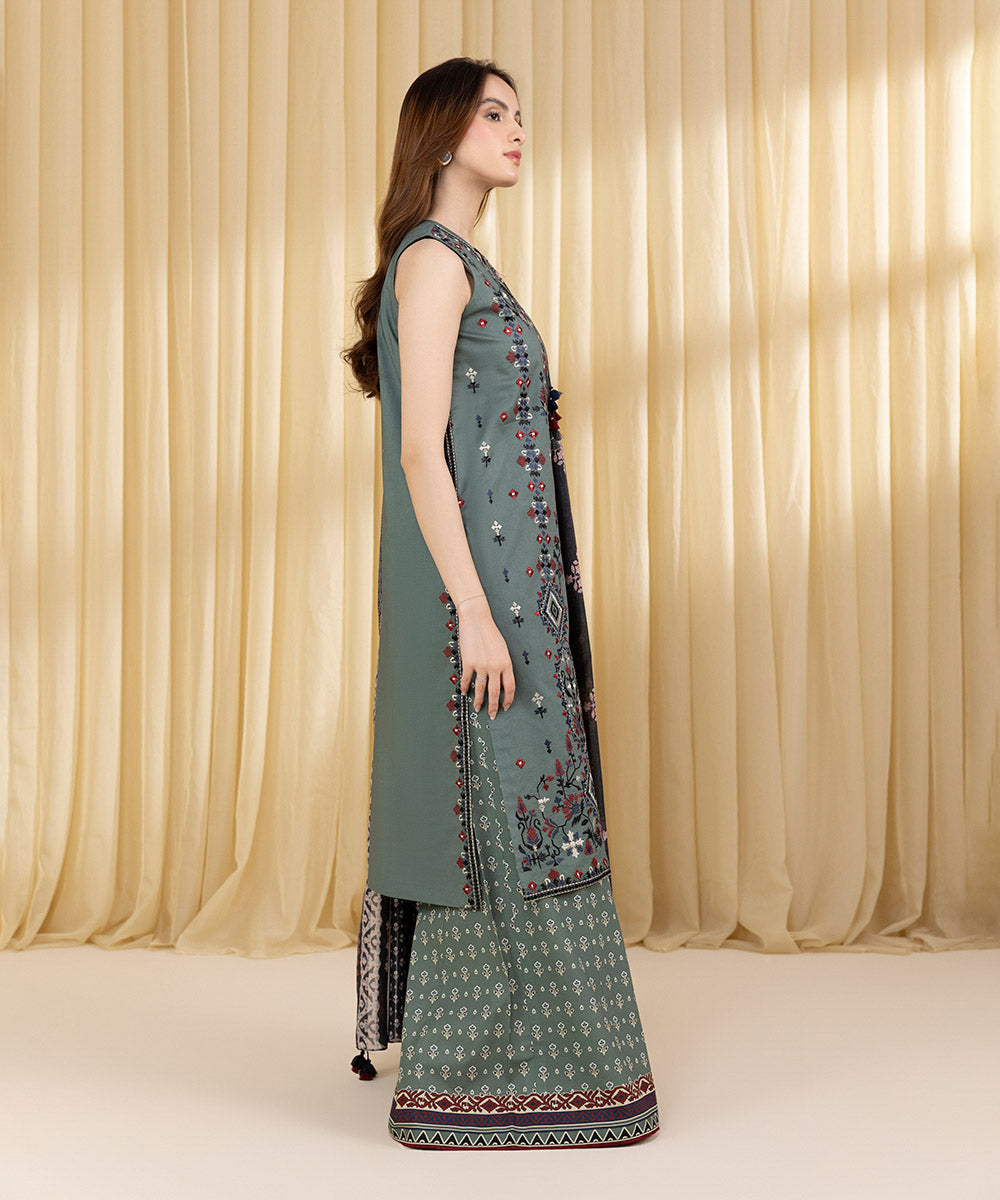 Women's Unstitched Textured Lawn Embroidered Grey 3 Piece Suit