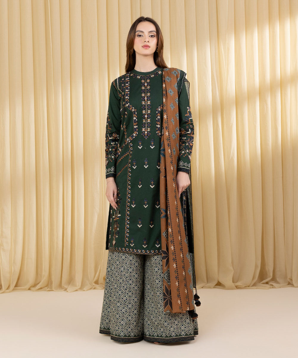 Women's Unstitched Textured Lawn Embroidered Green 3 Piece Suit