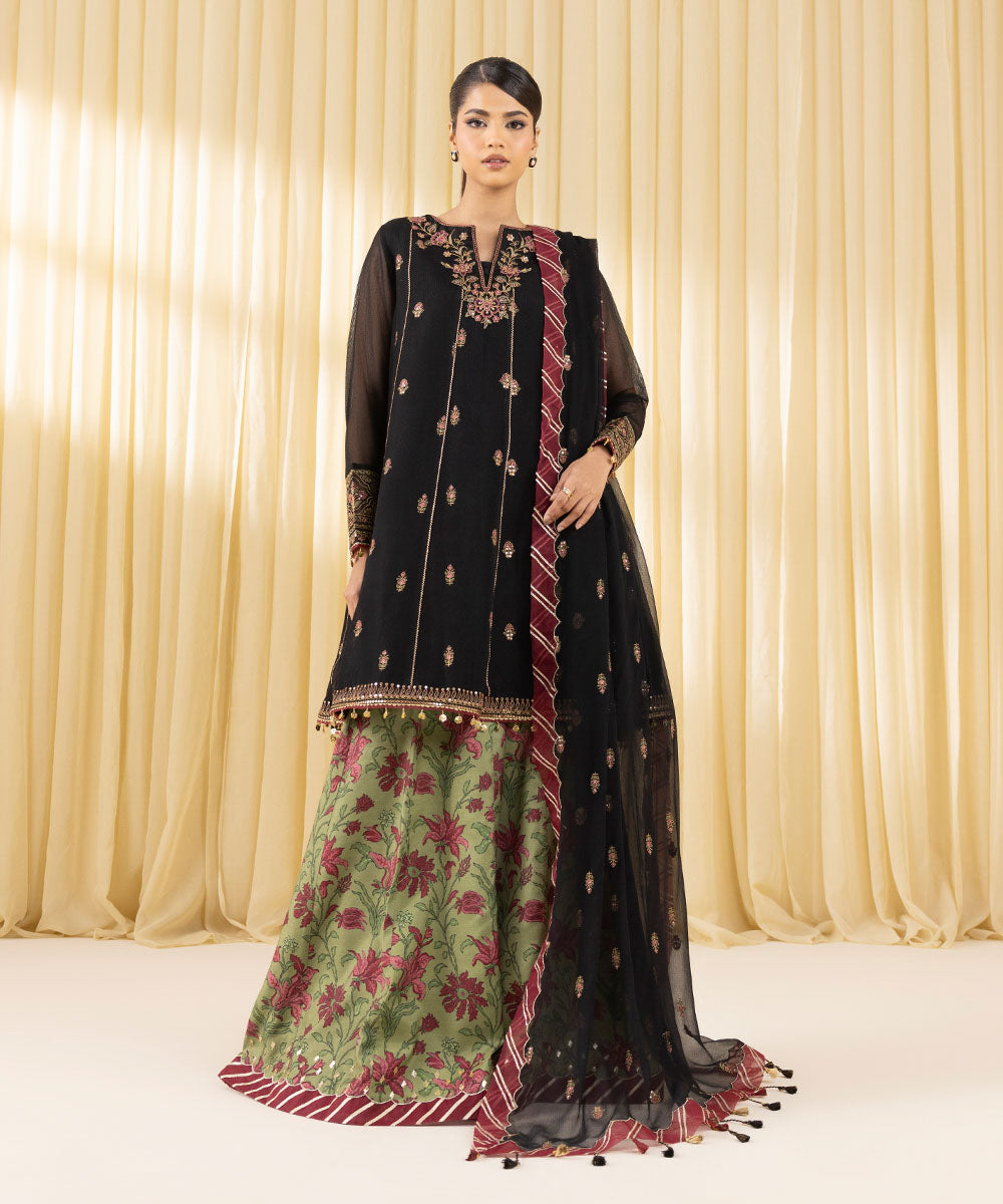 Women's Unstitched Khaddi Net Embroidered Black 3 Piece Suit