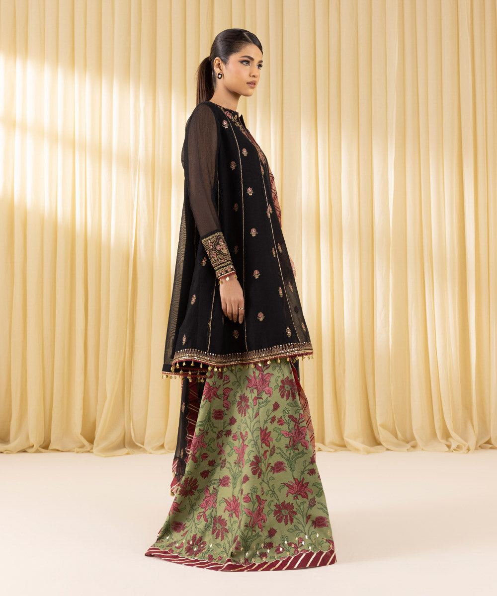 Women's Unstitched Khaddi Net Embroidered Black 3 Piece Suit