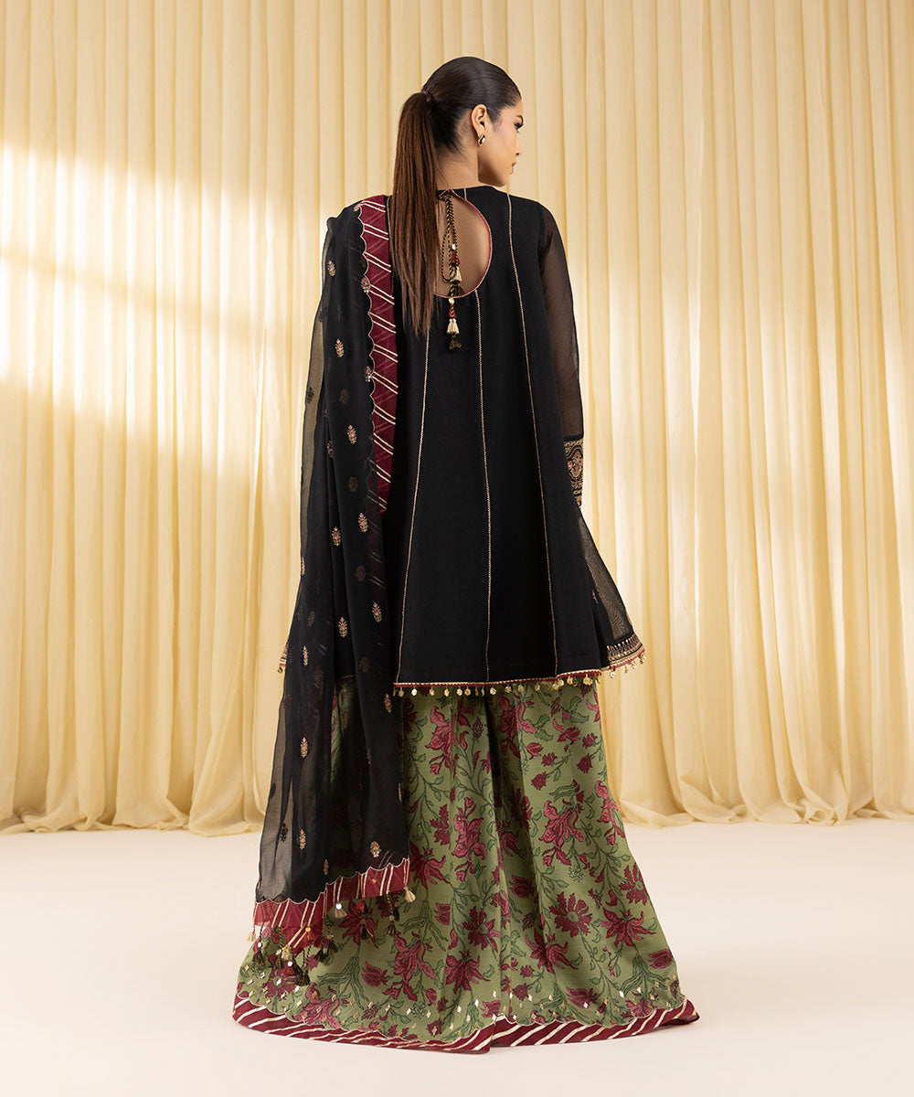 Women's Unstitched Khaddi Net Embroidered Black 3 Piece Suit