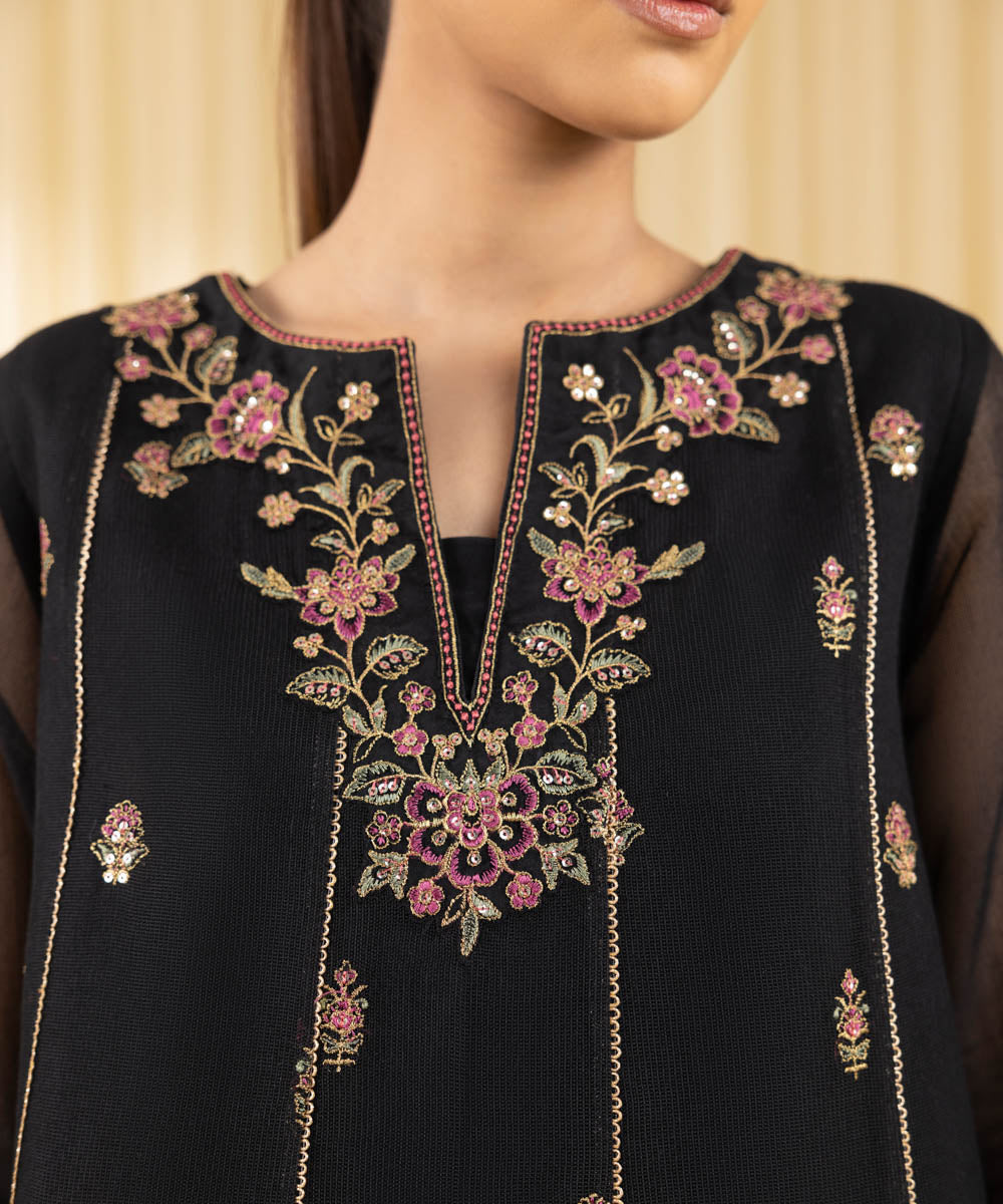 Women's Unstitched Khaddi Net Embroidered Black 3 Piece Suit