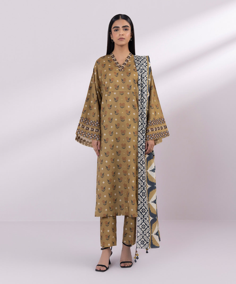 Women's Unstitched Lawn Embroidered Light Brown 3 Piece Suit