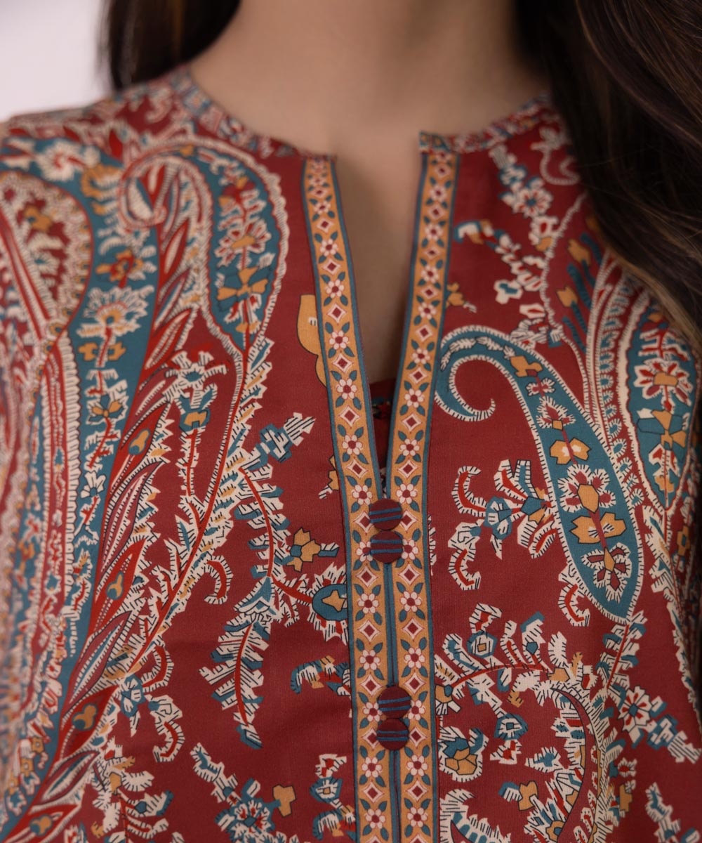 Women's Unstitched Lawn Embroidered Maroon 3 Piece Suit