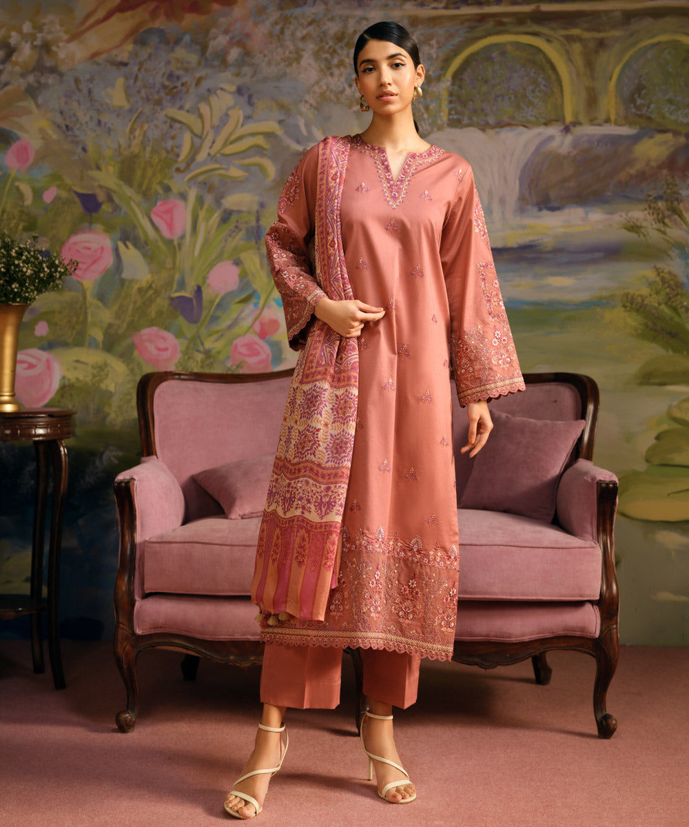 Women's Unstitched Lawn Pink Embroidered 3 Piece Suit