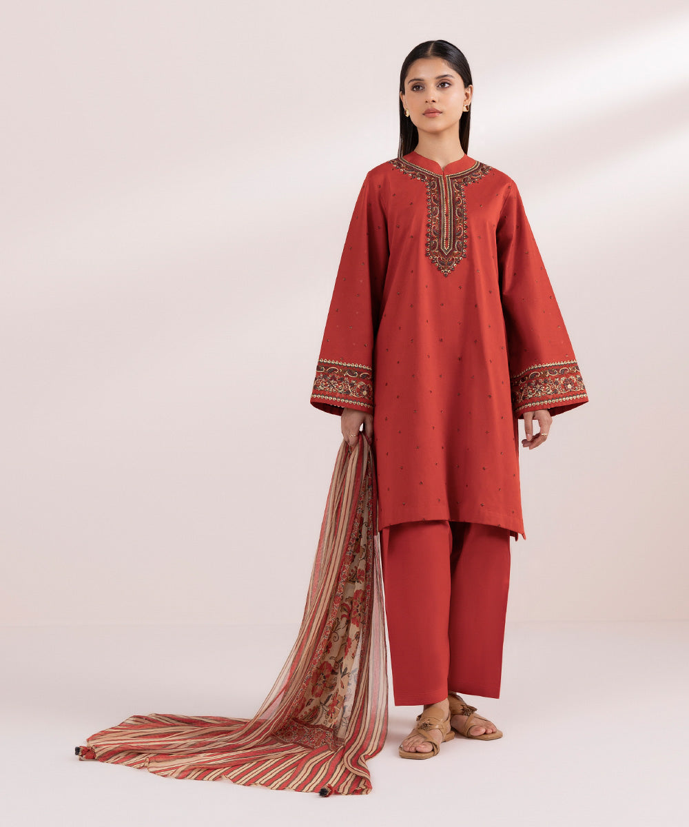 Women's Unstitched Lawn Orange Embroidered 3 Piece Suit