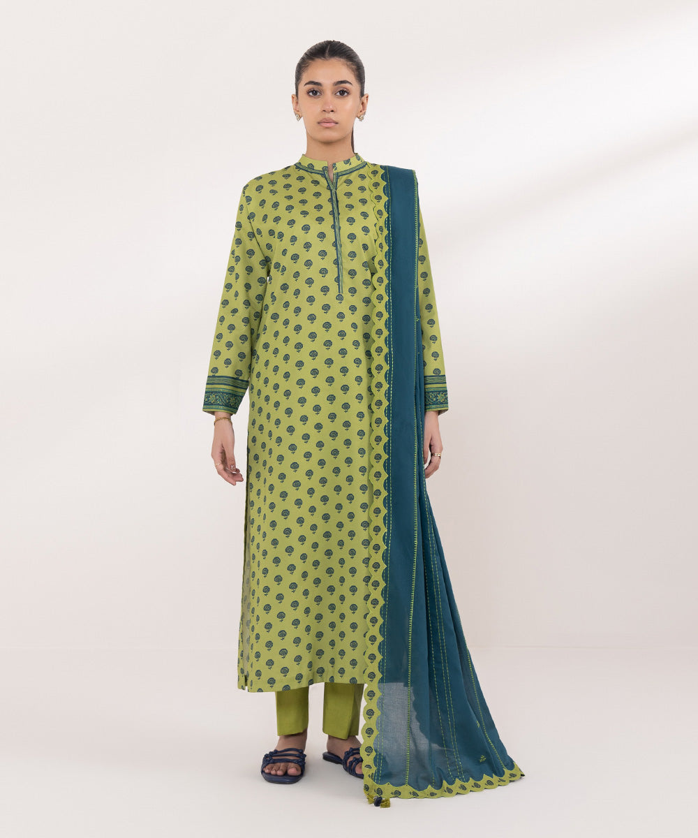 Women's Unstitched Lawn Embroidered Green 3 Piece Suit