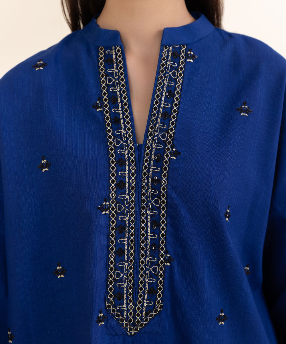 Women's Unstitched Khaddar Embroidered Blue 3 Piece Suit