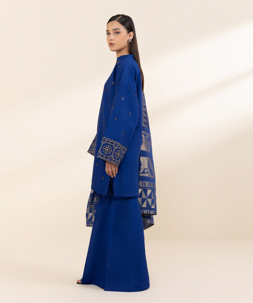 Women's Unstitched Khaddar Embroidered Blue 3 Piece Suit