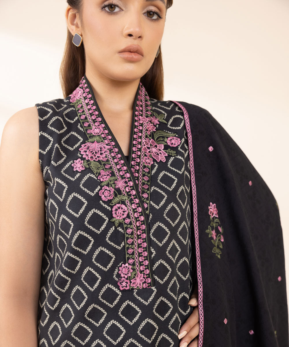 Women's Unstitched Crosshatch Embroidered Black 3 Piece Suit