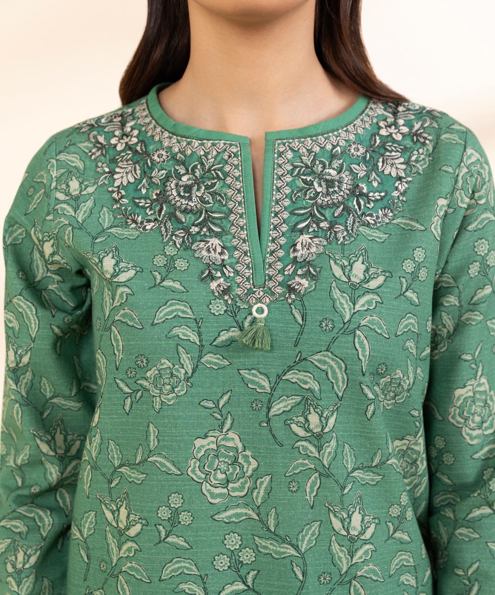 Women's Unstitched Khaddar Embroidered Green 3 Piece Suit