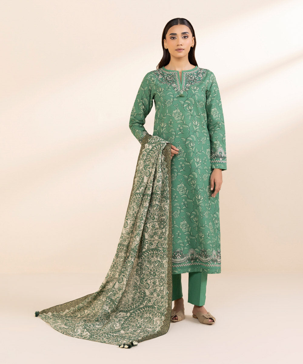 Women's Unstitched Khaddar Embroidered Green 3 Piece Suit