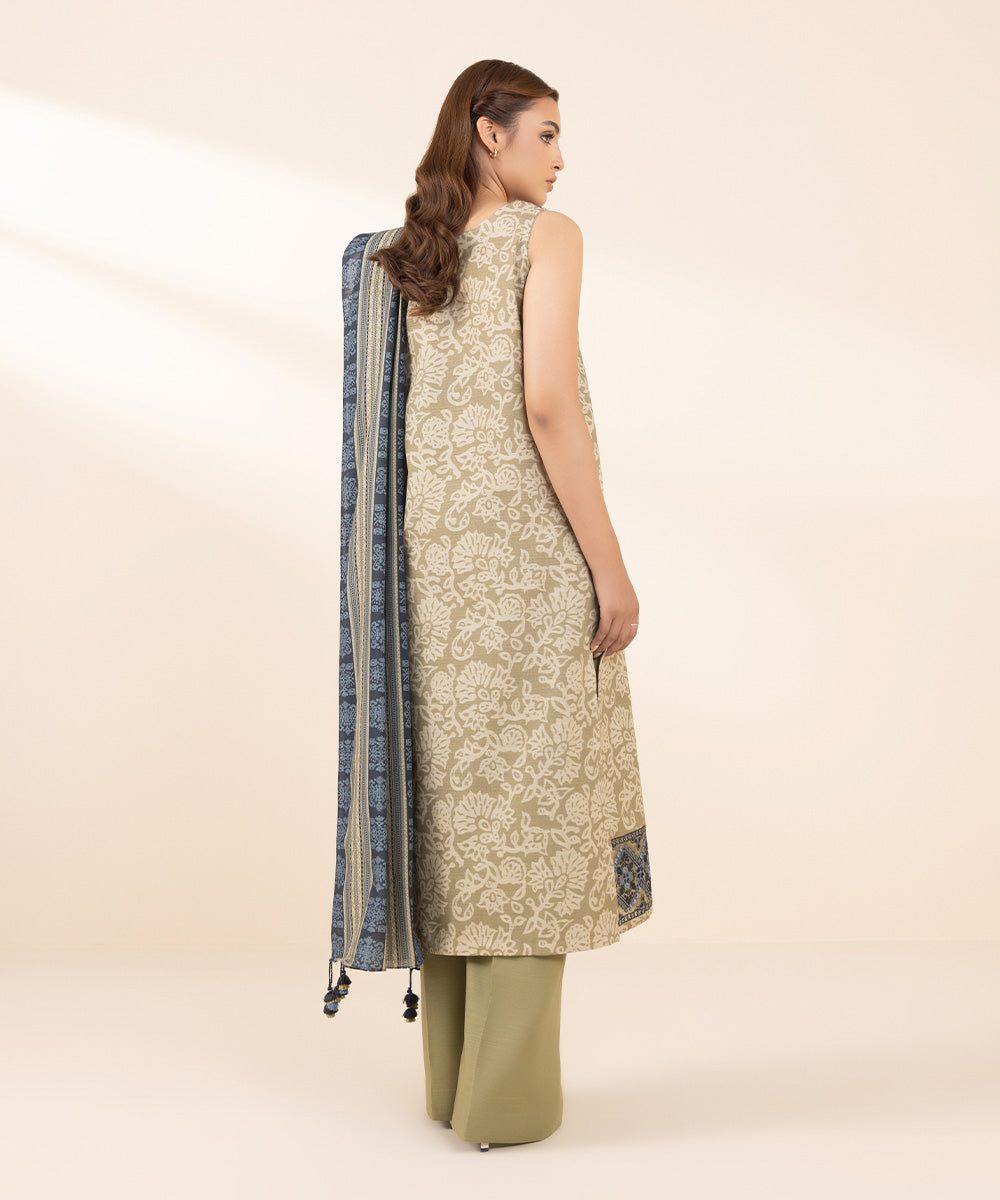 Women's Unstitched Khaddar Embroidered Beige 3 Piece Suit