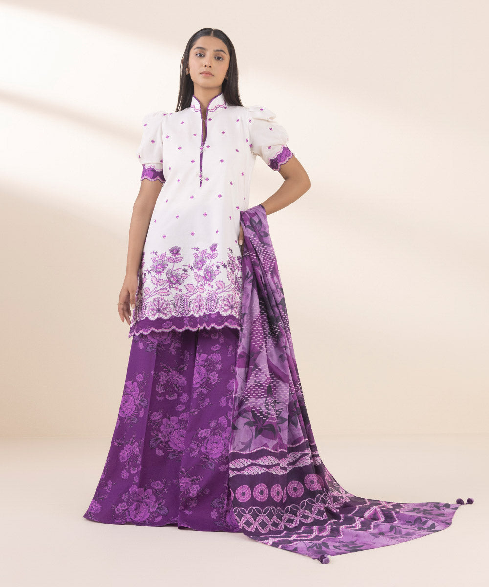 Women's Unstitched Lawn Embroidered Purple 3 Piece Suit