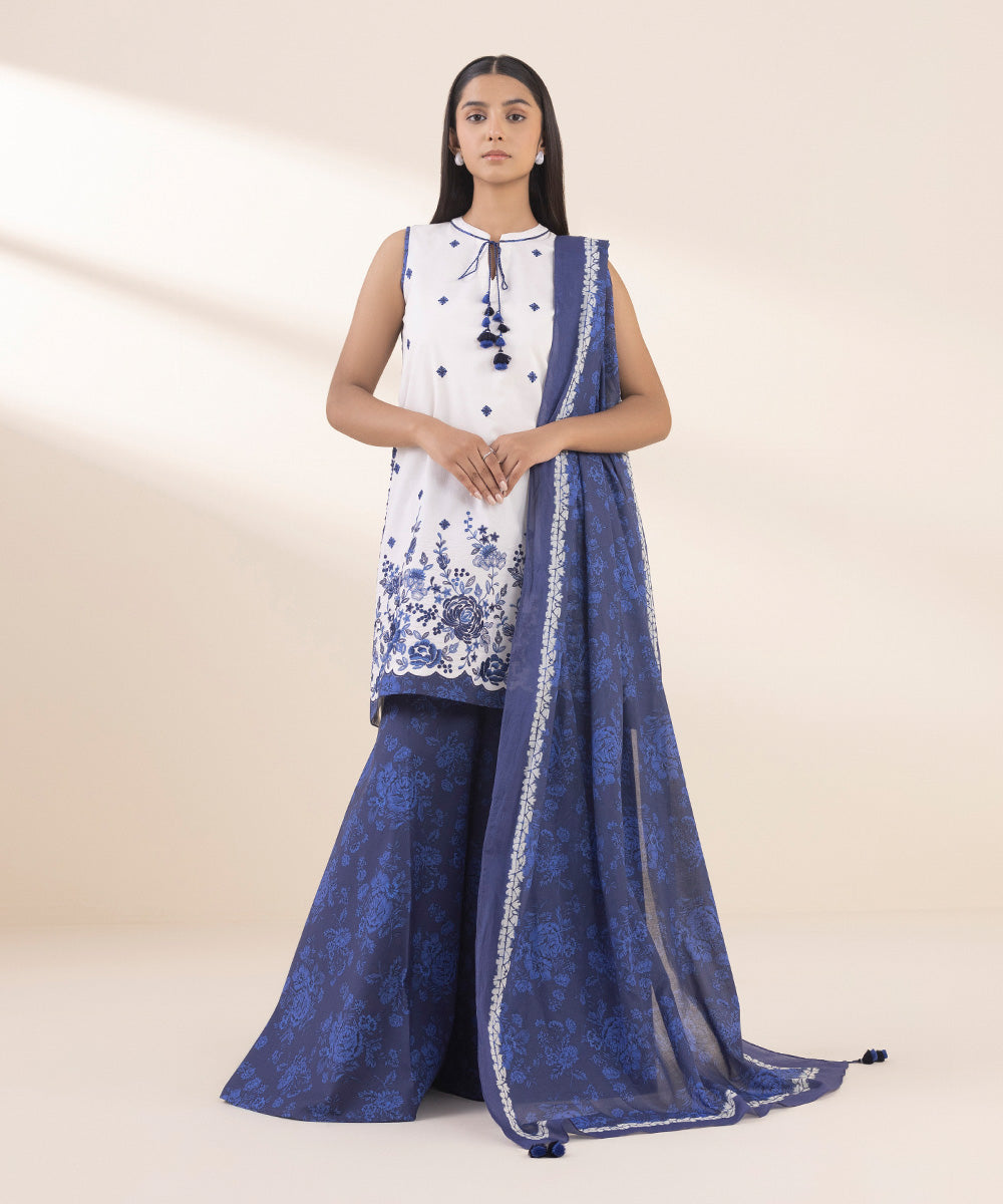 Women's Unstitched Lawn Embroidered Blue 3 Piece Suit