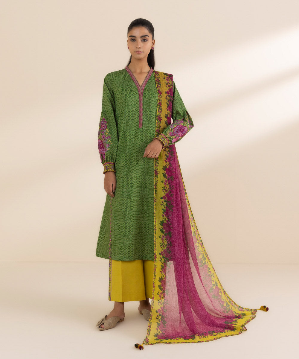 Women's Unstitched Lawn Embroidered Green 3 Piece Suit