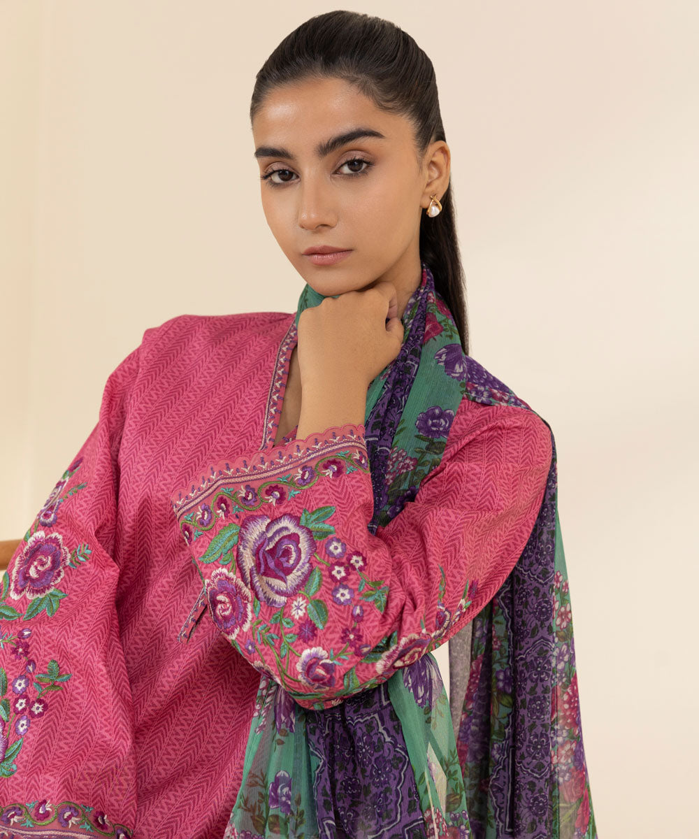 Women's Unstitched Lawn Embroidered Multi 3 Piece Suit