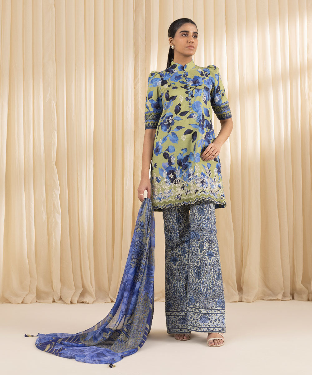 Unstitched Women's Embroidered Lawn Blue Three Piece Suit 