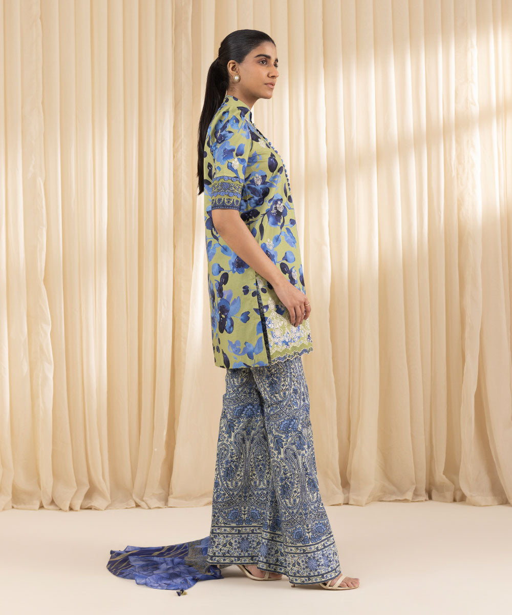 Unstitched Women's Embroidered Lawn Blue Three Piece Suit 