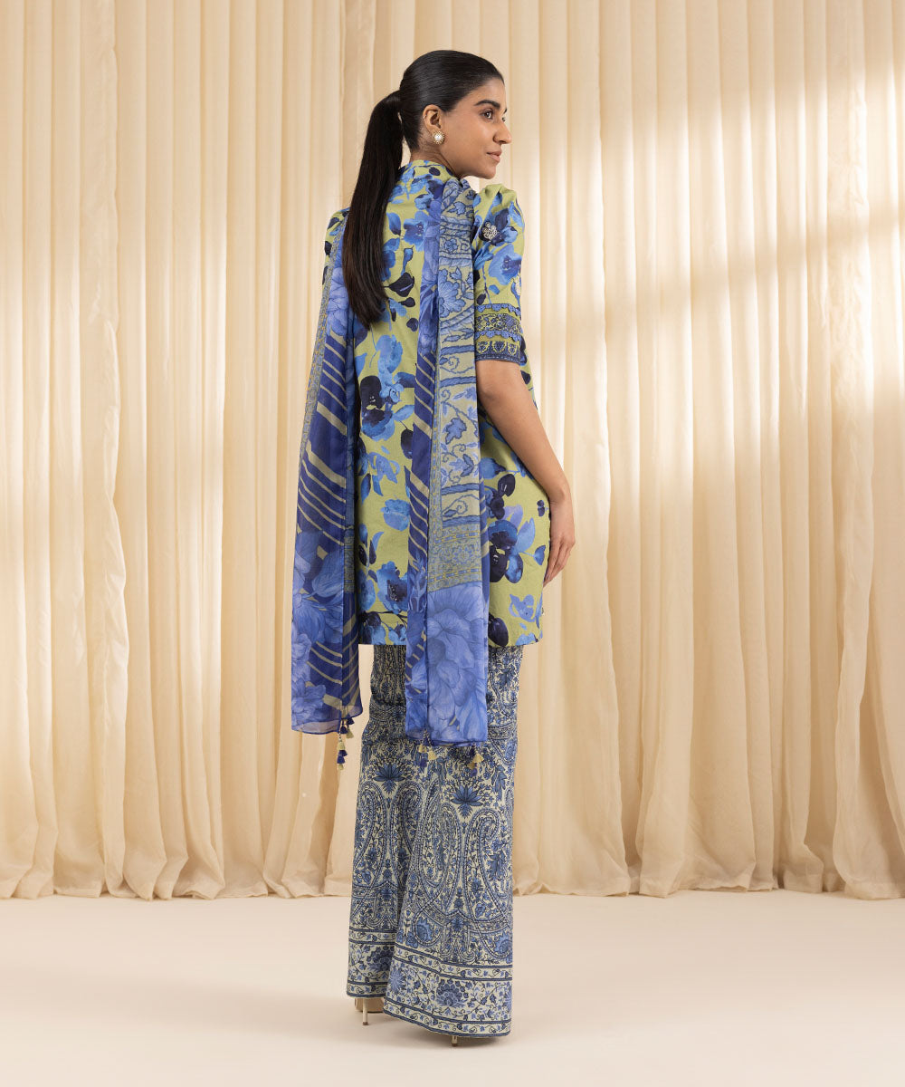 Unstitched Women's Embroidered Lawn Blue Three Piece Suit 