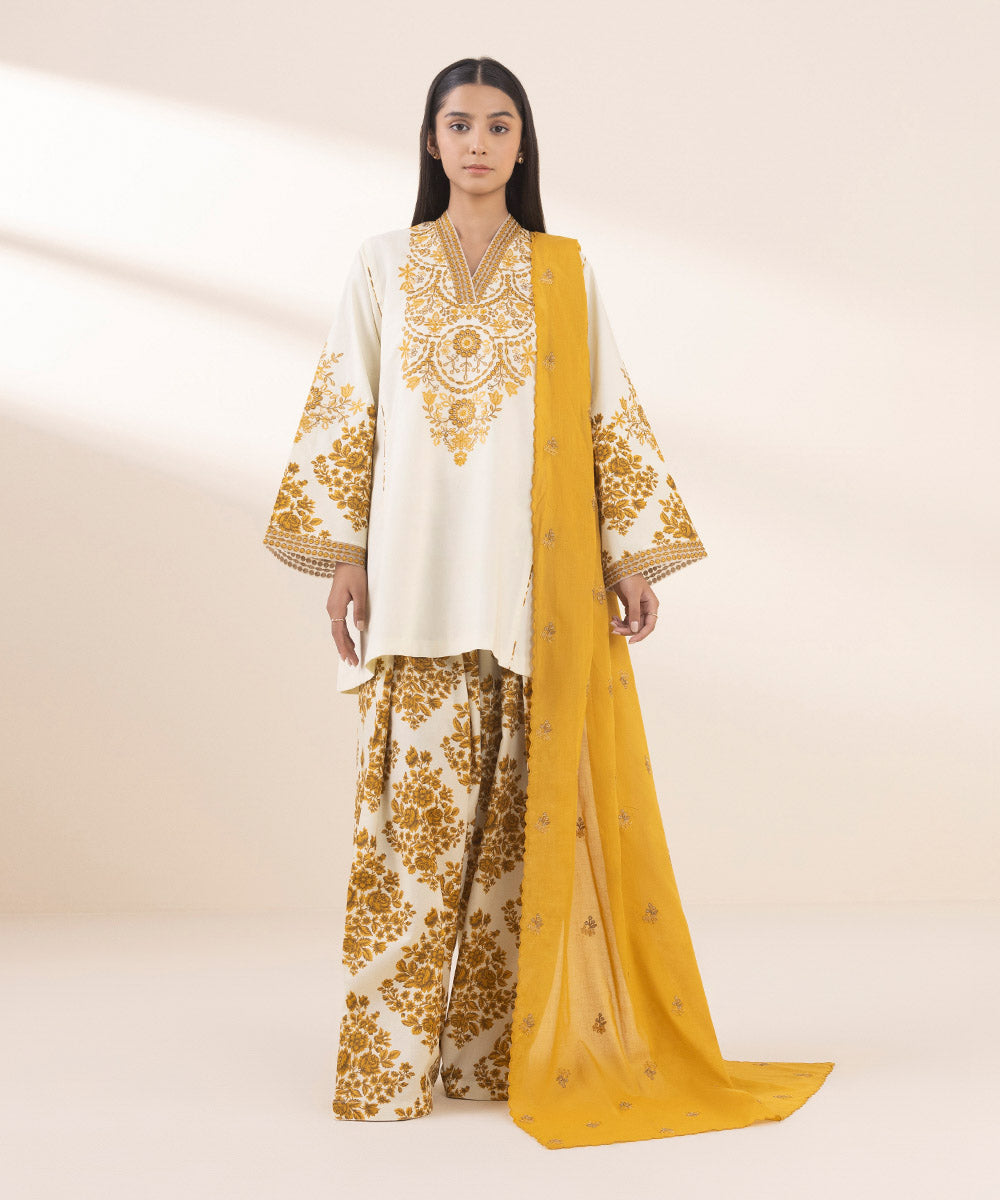 Women's Unstitched Lawn Embroidered Yellow 3 Piece Suit