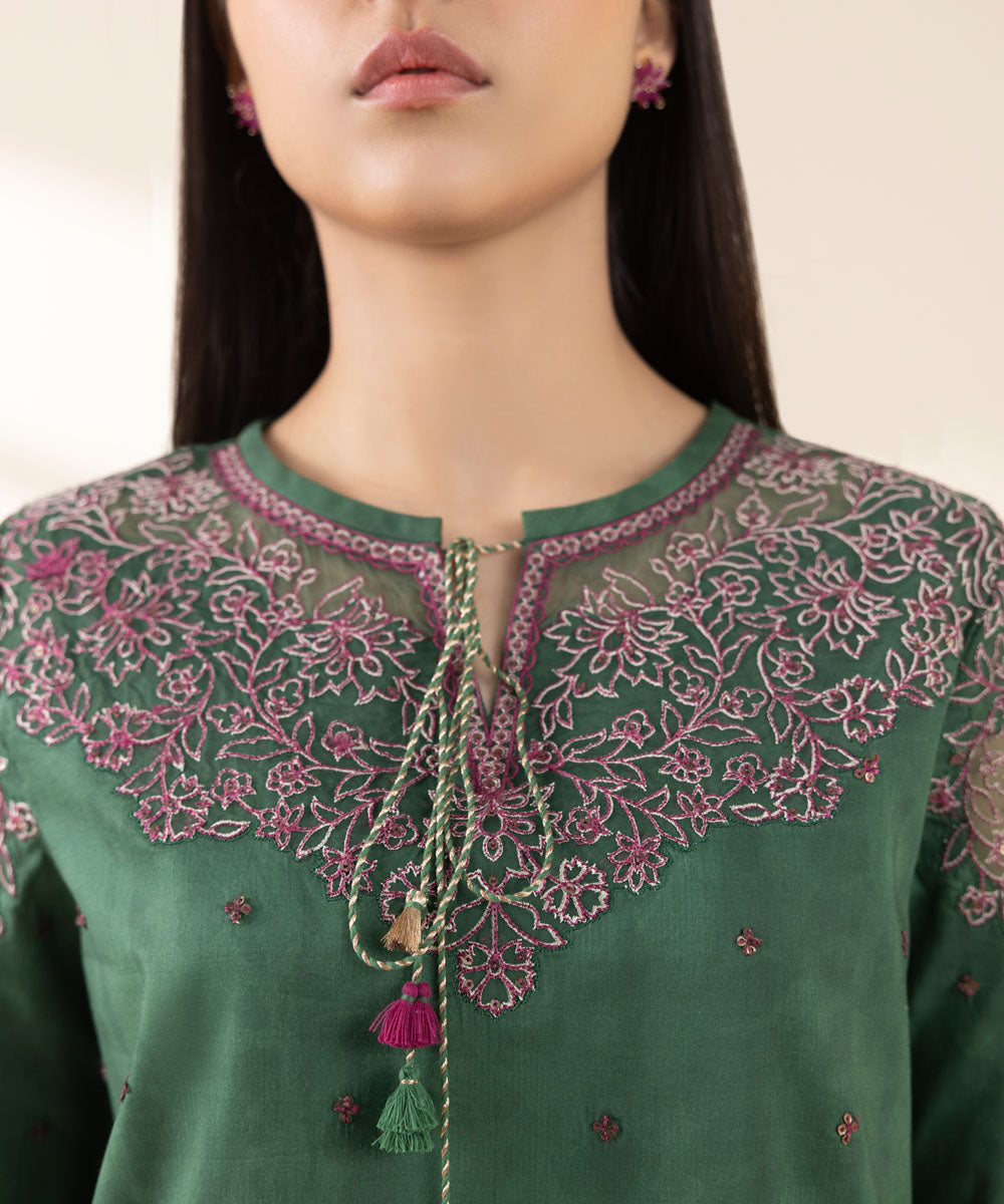 Unstitched Women's Embroidered Lawn Green Three Piece Suit 