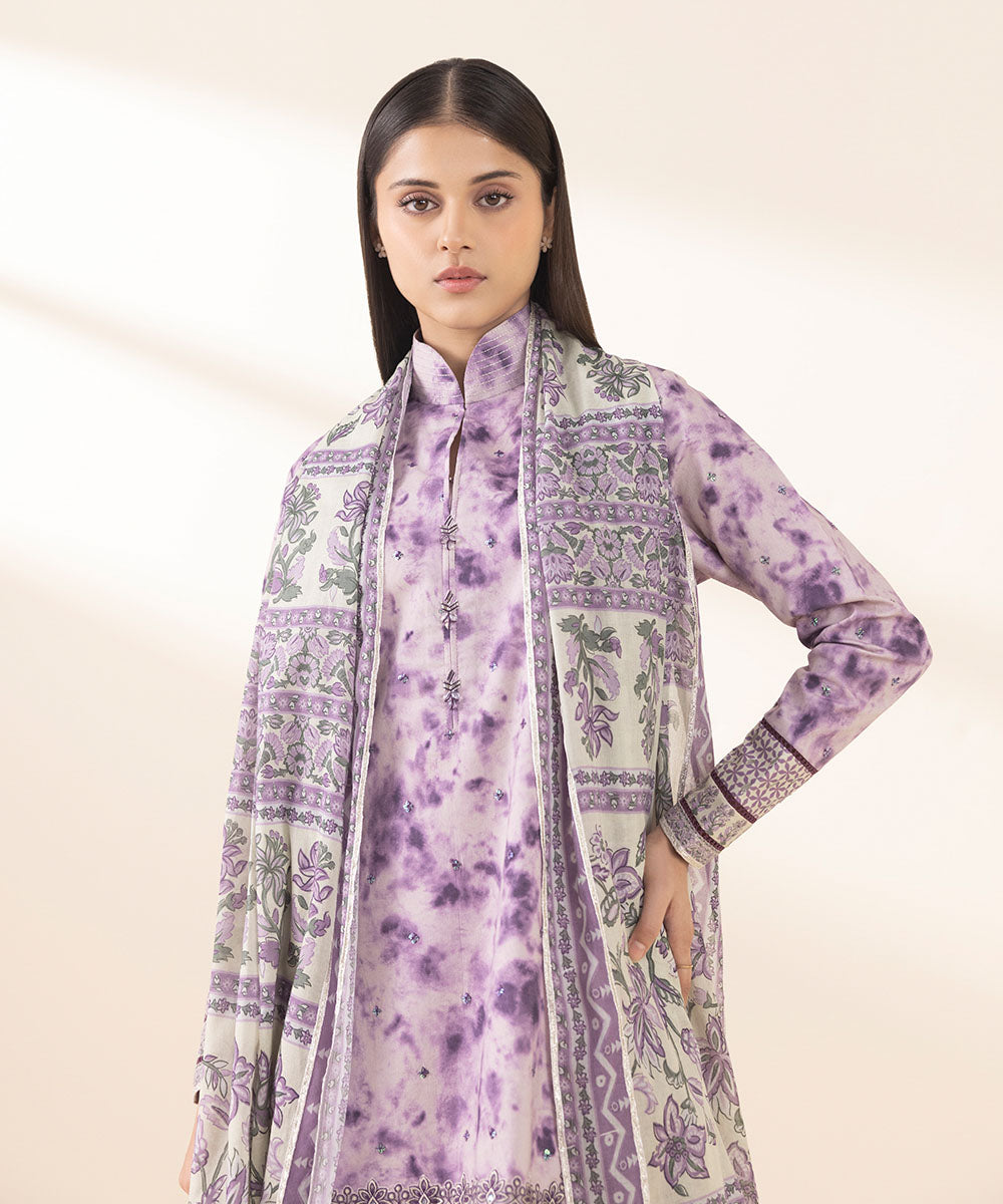 Unstitched Women's Embroidered Lawn Purple Three Piece Suit 