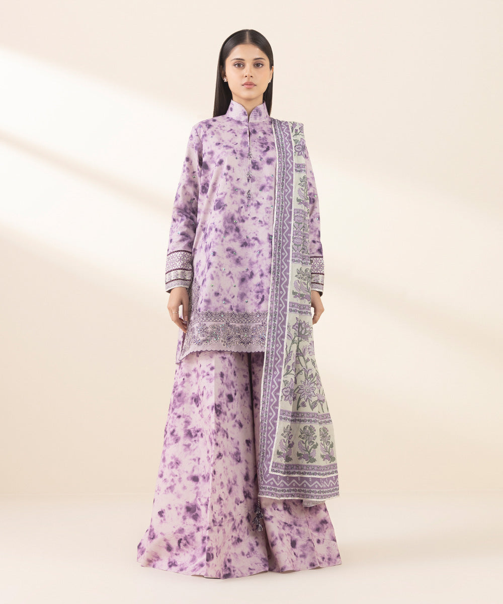 Unstitched Women's Embroidered Lawn Purple Three Piece Suit 