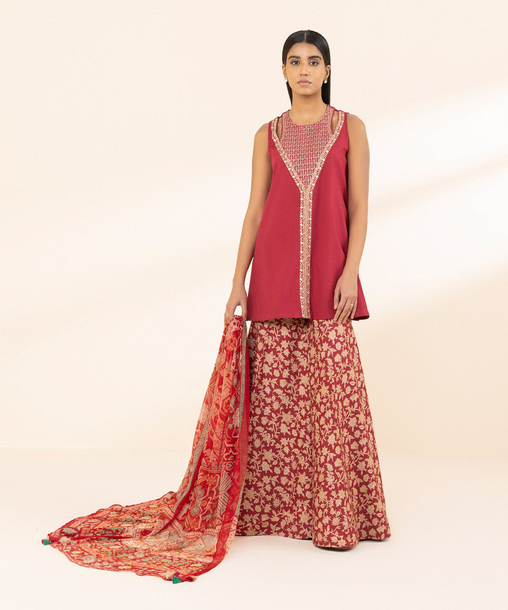 Unstitched Women's Red Lawn Embroidered 3 Piece Suit 