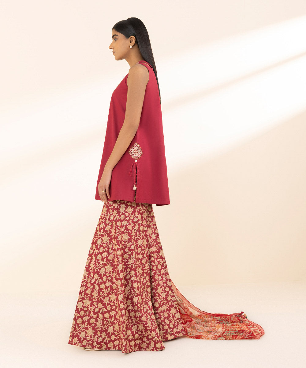 Unstitched Women's Red Lawn Embroidered 3 Piece Suit 