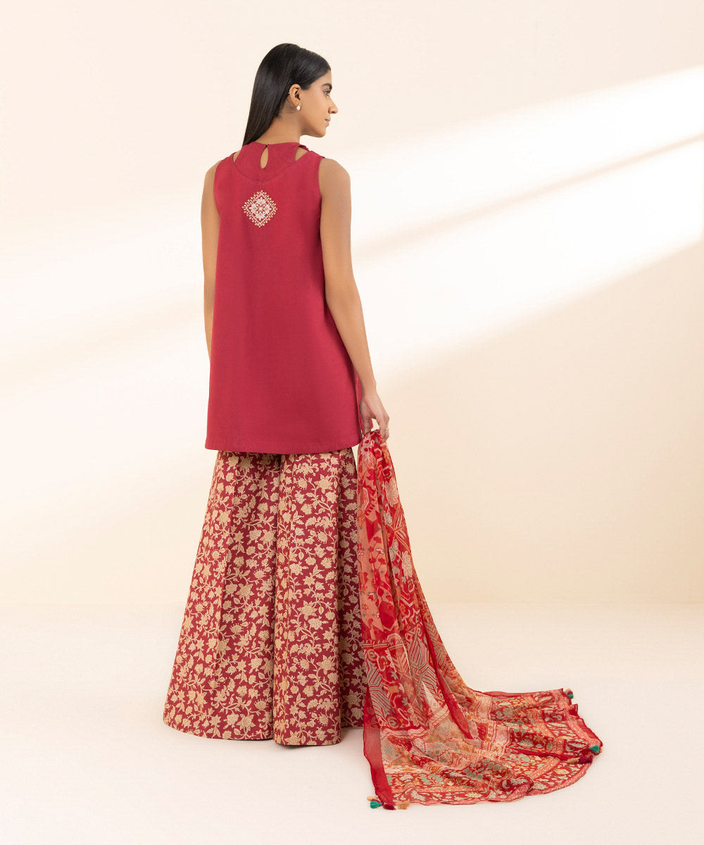 Unstitched Women's Red Lawn Embroidered 3 Piece Suit 