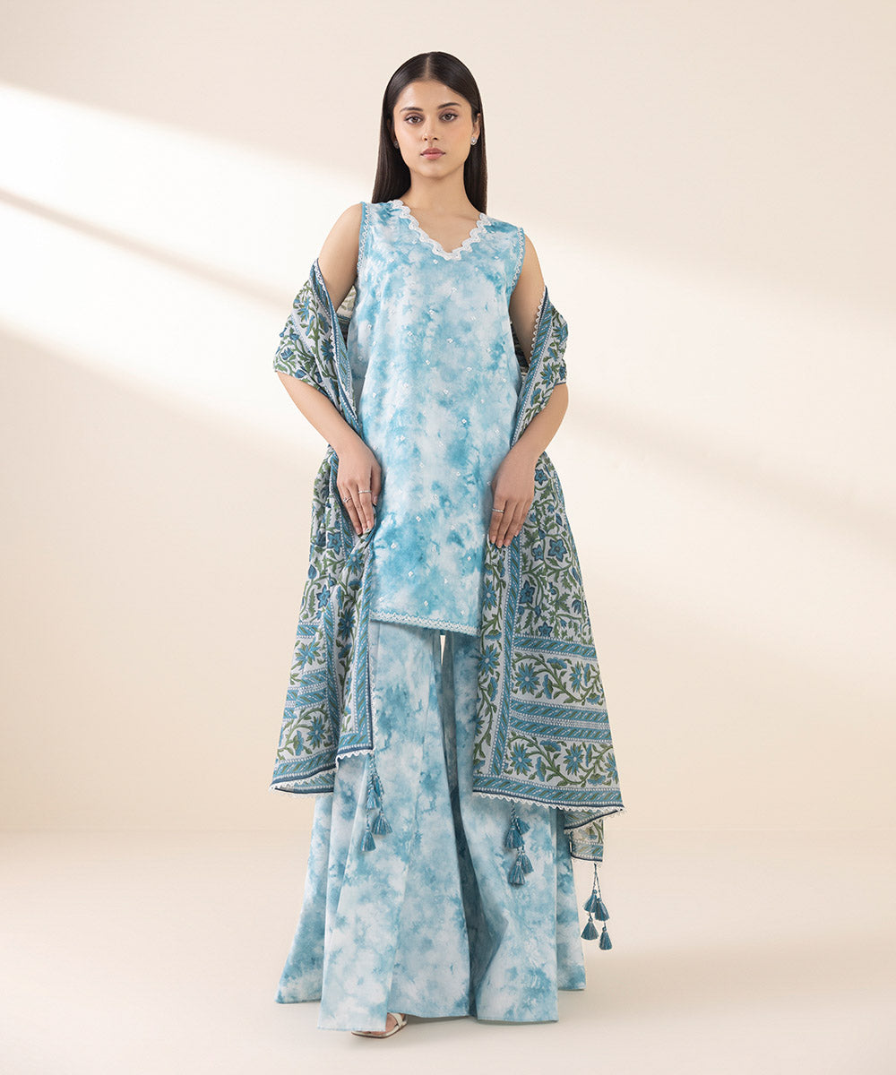 Unstitched Women's Embroidered Lawn Blue Three Piece Suit 