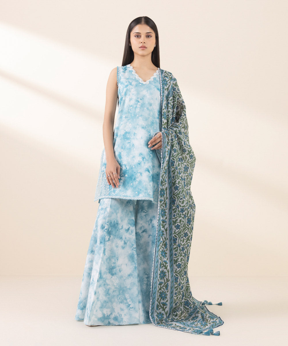 Unstitched Women's Embroidered Lawn Blue Three Piece Suit 