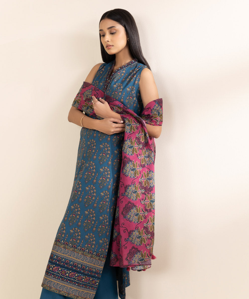 Unstitched Women's Embroidered Lawn Blue 3 Piece Suit