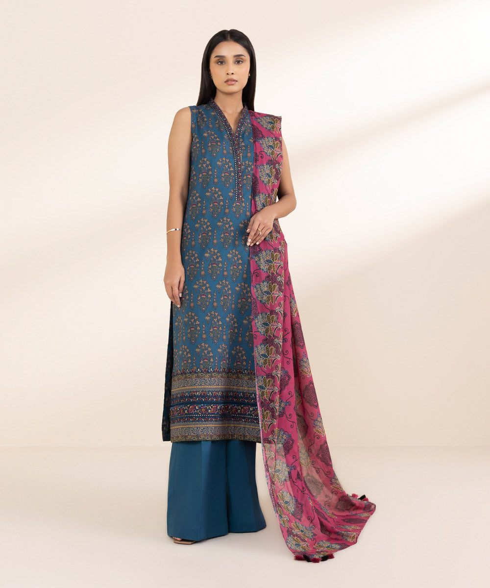 Unstitched Women's Embroidered Lawn Blue 3 Piece Suit