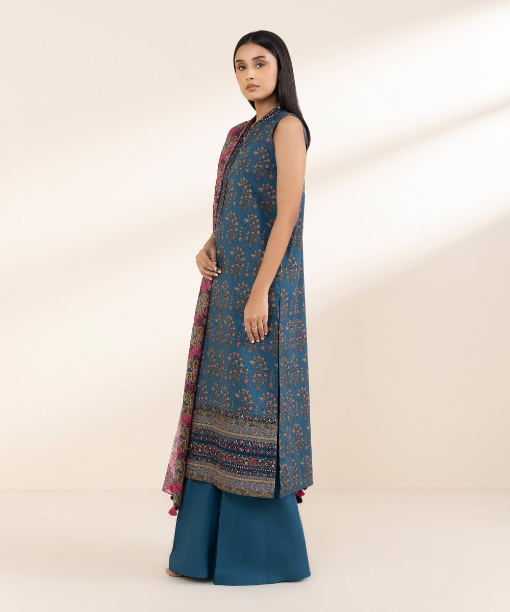 Unstitched Women's Embroidered Lawn Blue 3 Piece Suit