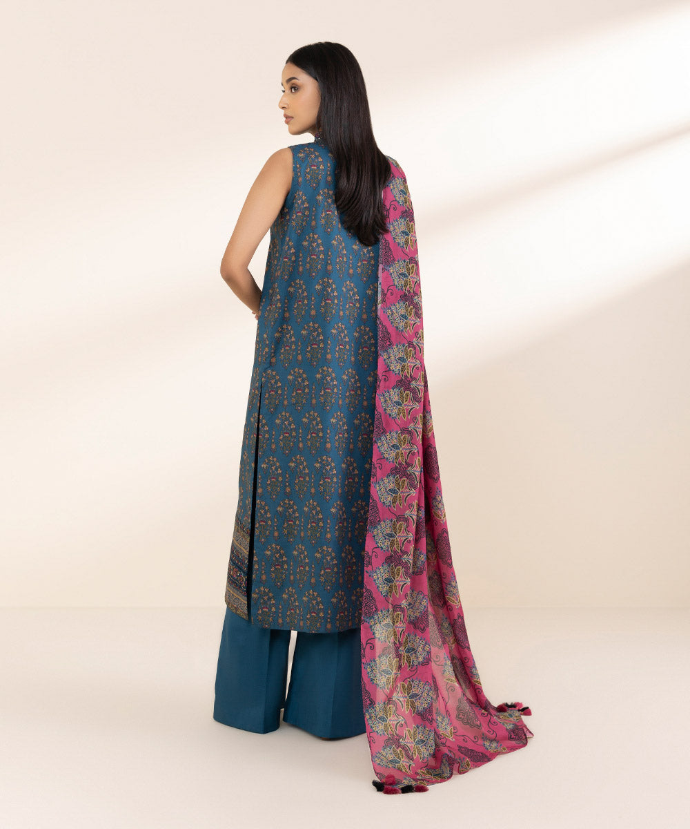 Unstitched Women's Embroidered Lawn Blue 3 Piece Suit