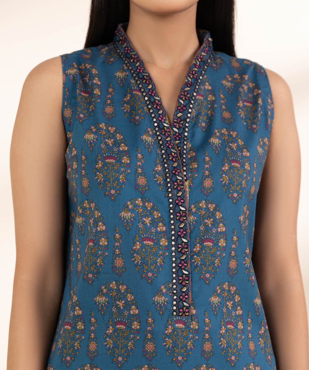 Unstitched Women's Embroidered Lawn Blue 3 Piece Suit