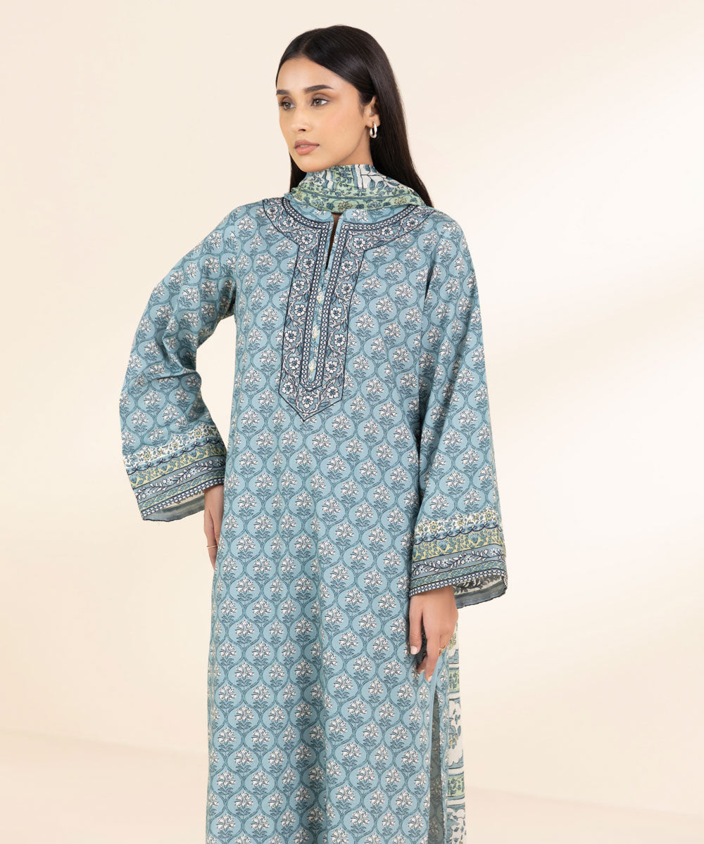 Unstitched Women's Embroidered Lawn Blue 3 Piece Suit