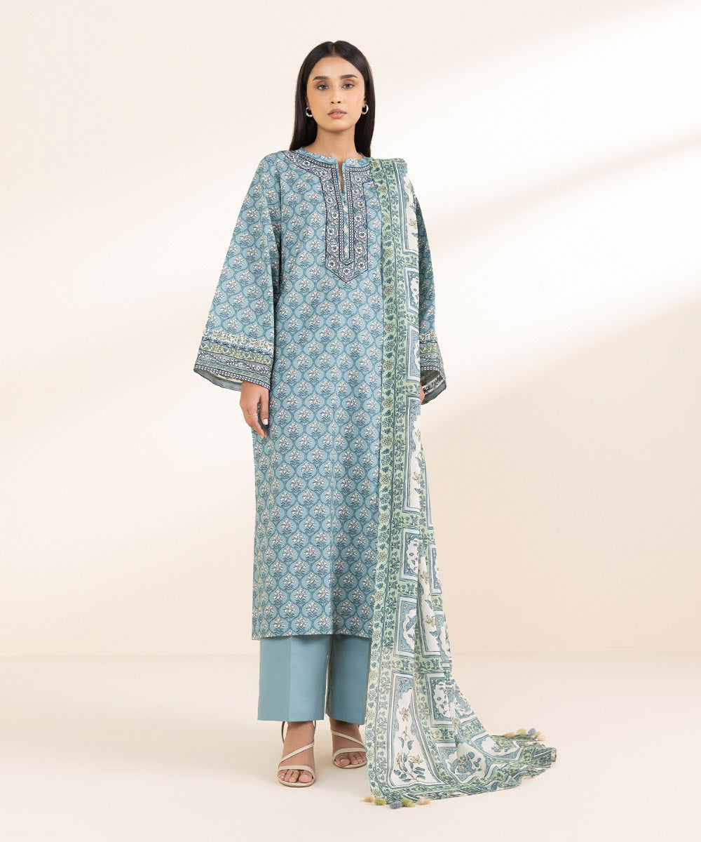 Unstitched Women's Embroidered Lawn Blue 3 Piece Suit