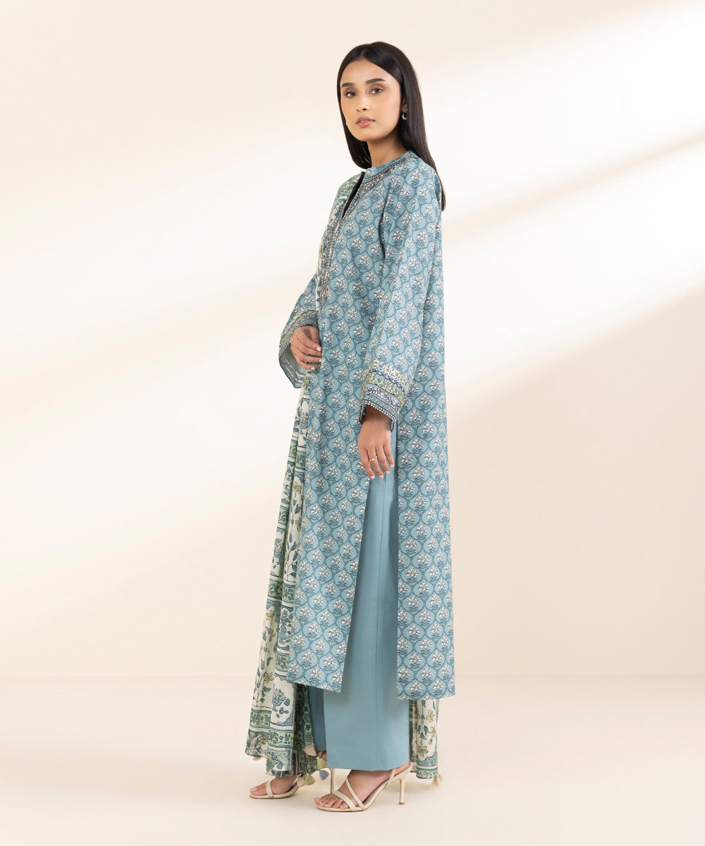Unstitched Women's Embroidered Lawn Blue 3 Piece Suit