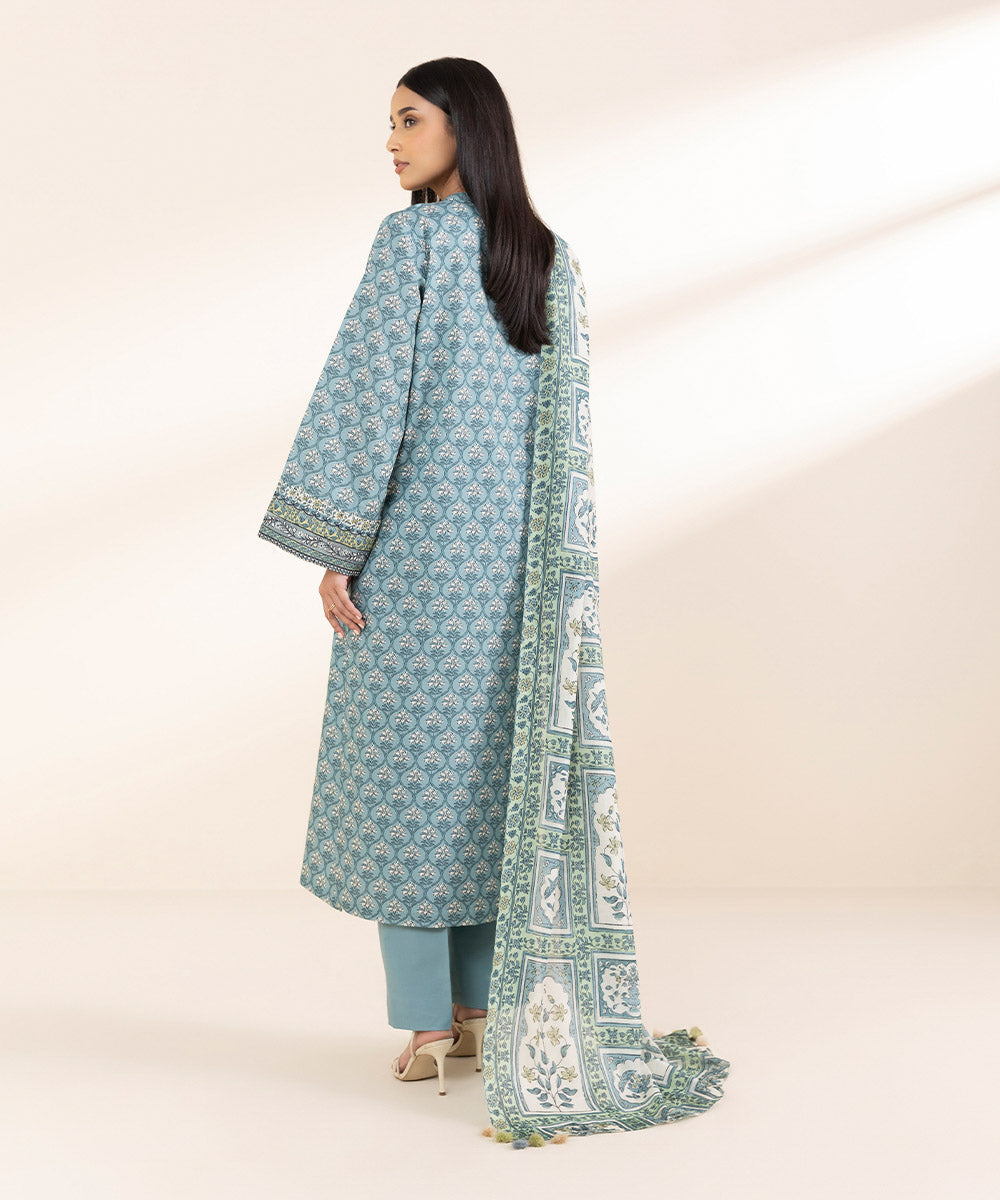 Unstitched Women's Embroidered Lawn Blue 3 Piece Suit